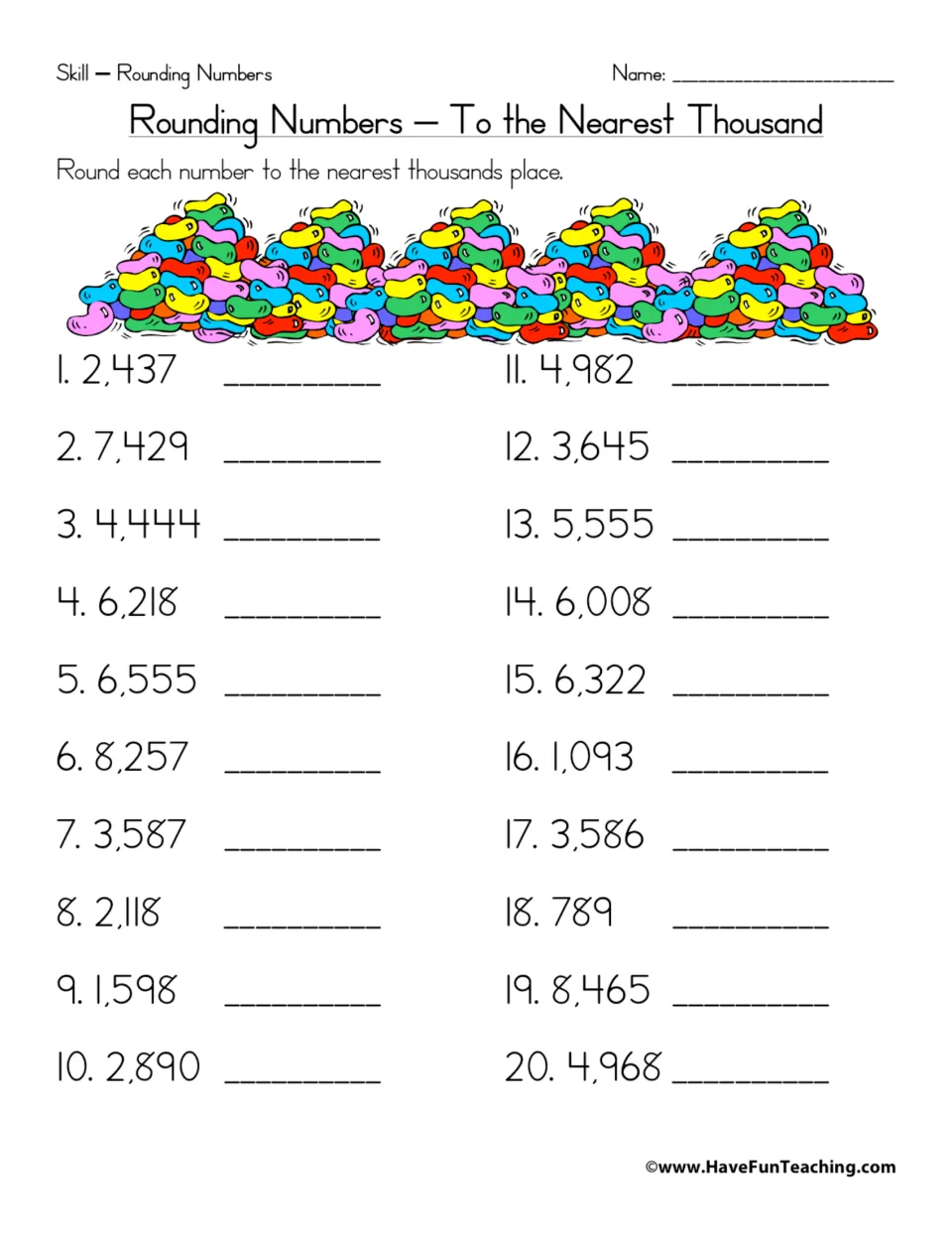Rounding to the nearest thousand: students round 20 numbers such as 2,437, 6,555 and 789 to the nearest thousands place