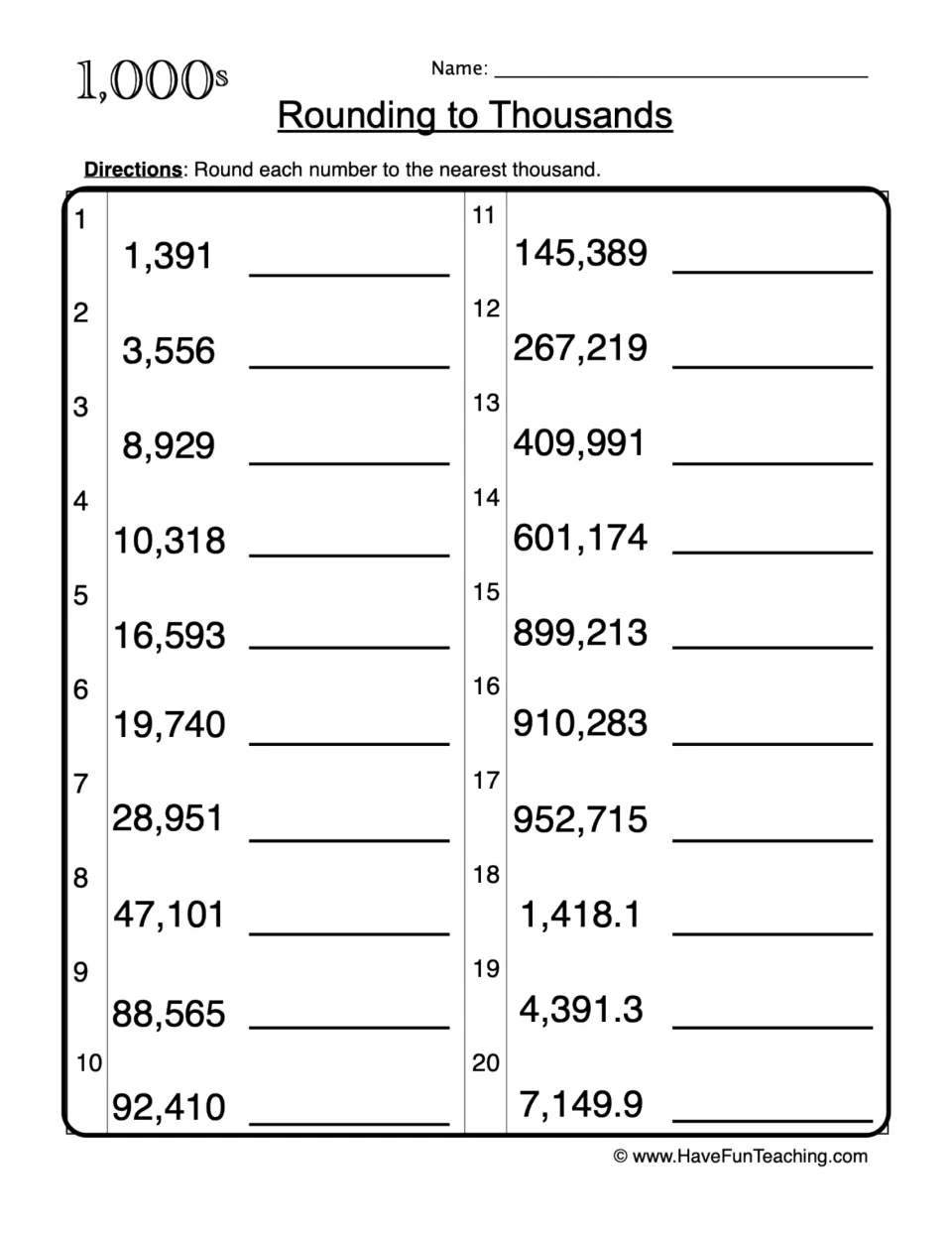 Rounding to thousands: students round 20 numbers, from 1,391 to 952,715 plus three decimals, to the nearest thousand