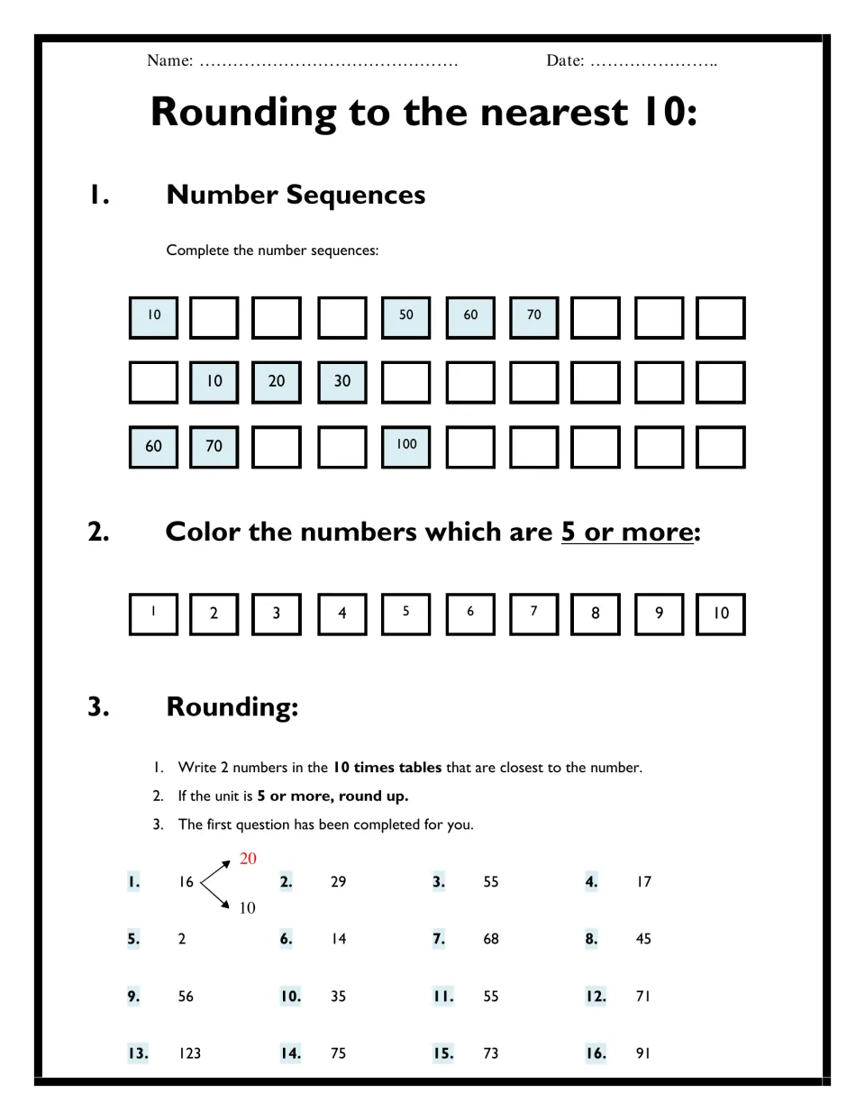 Rounding to the nearest 10: students complete counting-by-tens sequences, color numbers 5 or more, then round 16 numbers