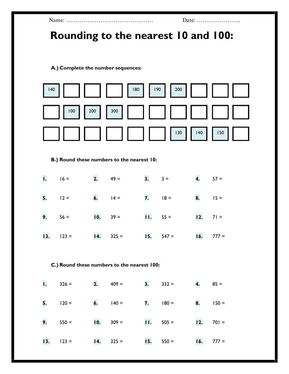 Rounding to the nearest 10 and 100: students fill in number sequences, then round 16 numbers to tens and 16 to hundreds