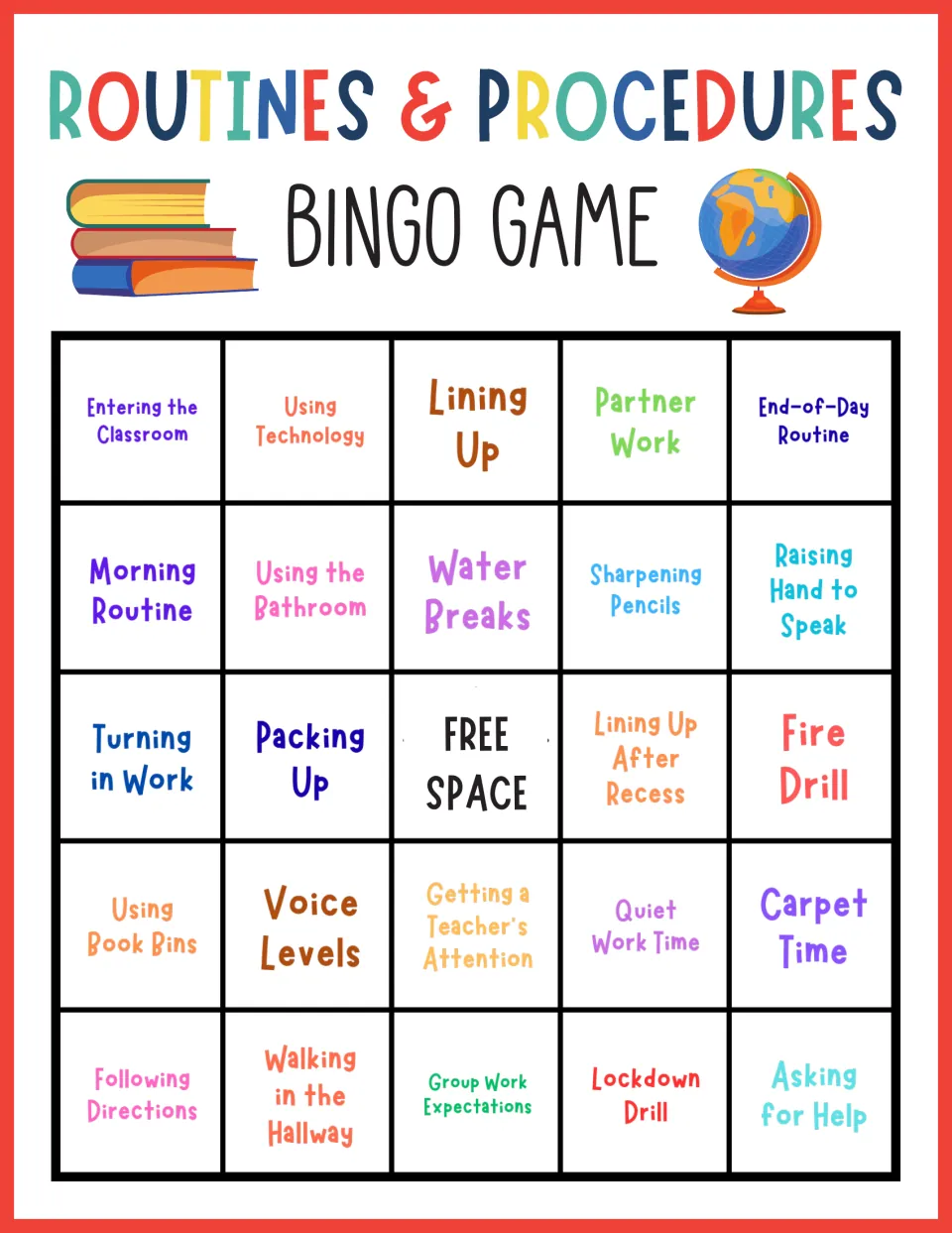 Procedures bingo card: students mark Entering the Classroom, Lining Up, Fire Drill and Carpet Time around a free space