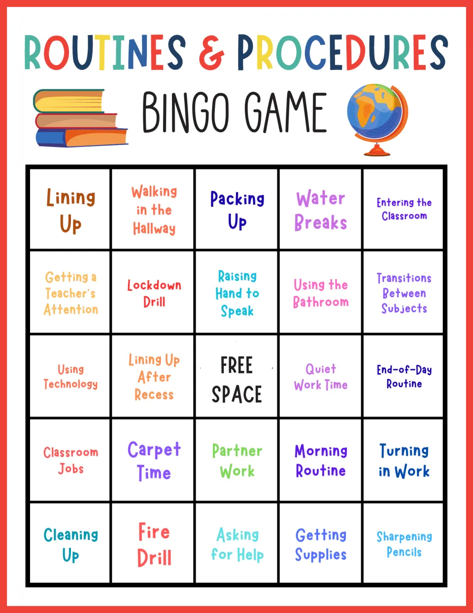 Procedures bingo card: students mark Lining Up, Walking in the Hallway, Classroom Jobs and Cleaning Up around a free space