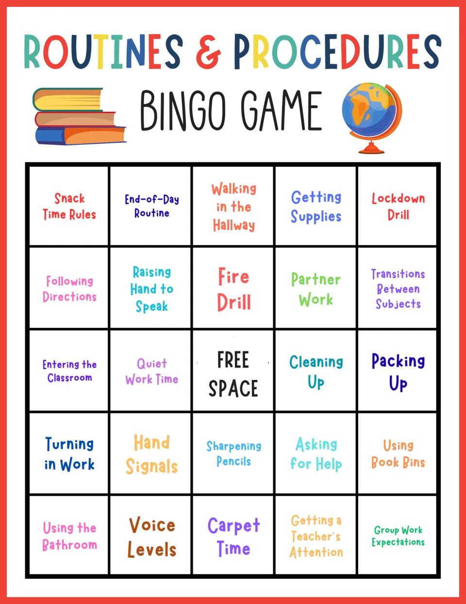 Routines bingo card with Snack Time Rules, Hand Signals and Voice Levels: students mark each procedure as it is called