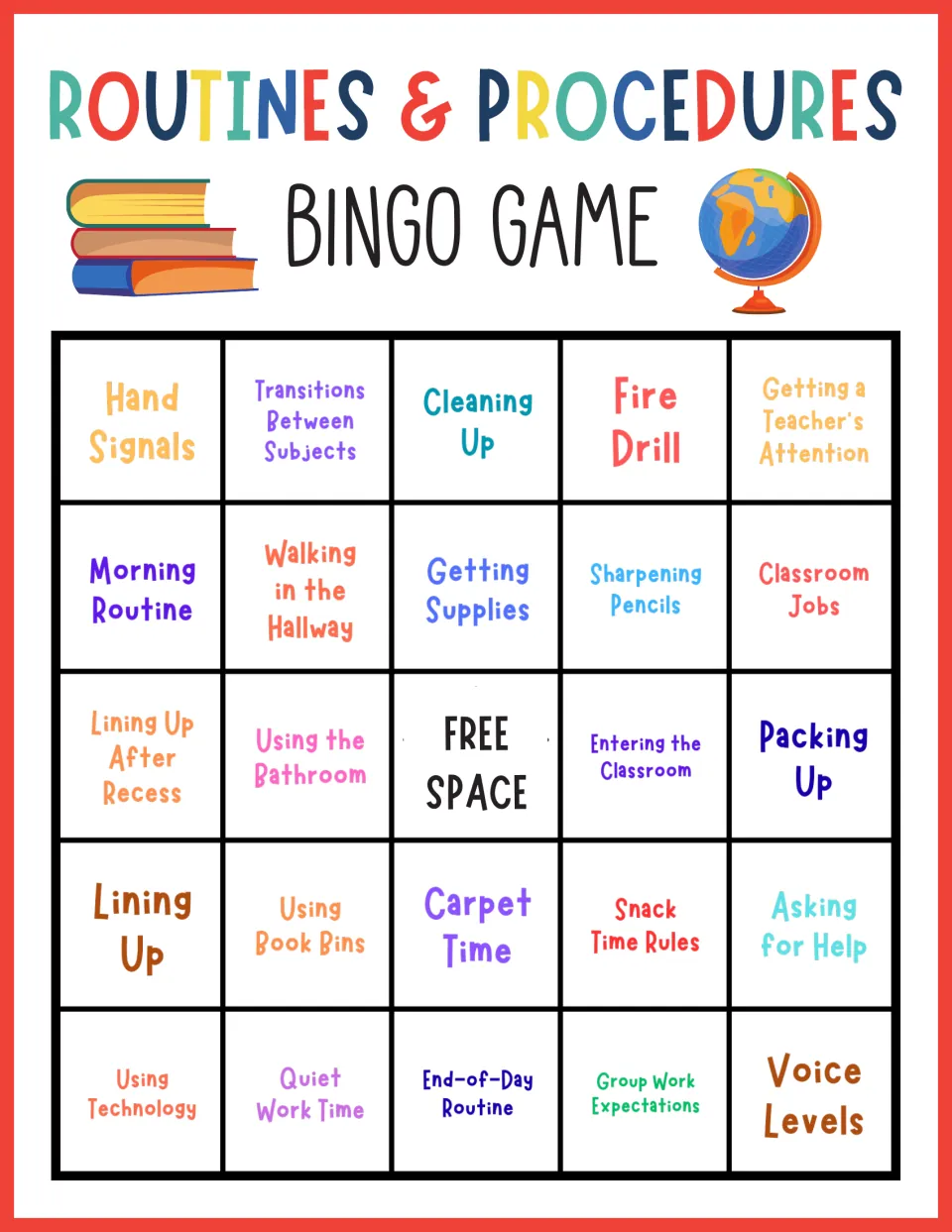 Routines bingo card with Hand Signals, Transitions Between Subjects and Classroom Jobs: students cover called procedures