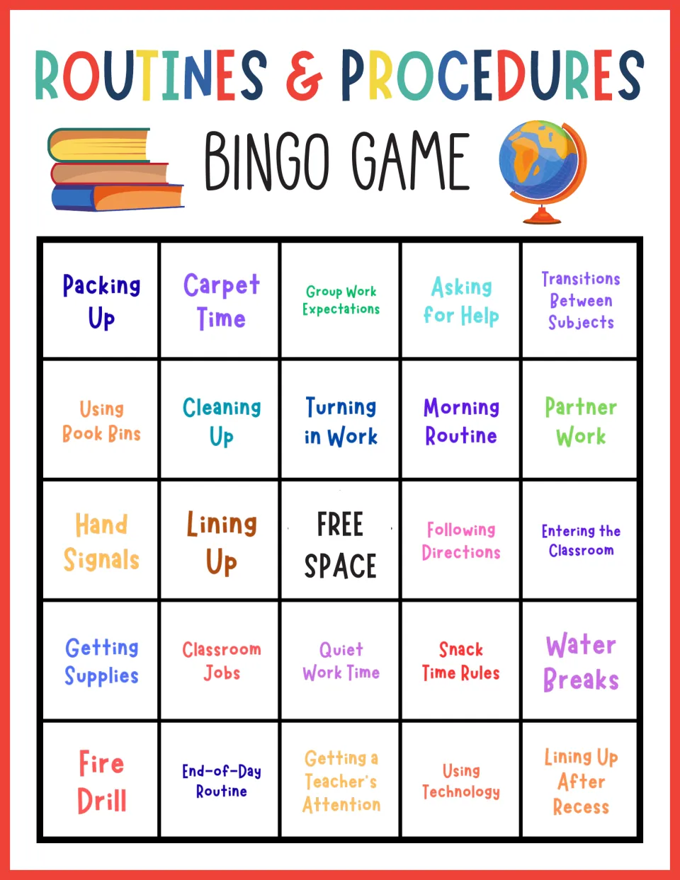 Procedures bingo card: students mark Packing Up, Group Work Expectations, Water Breaks and Snack Time Rules as called