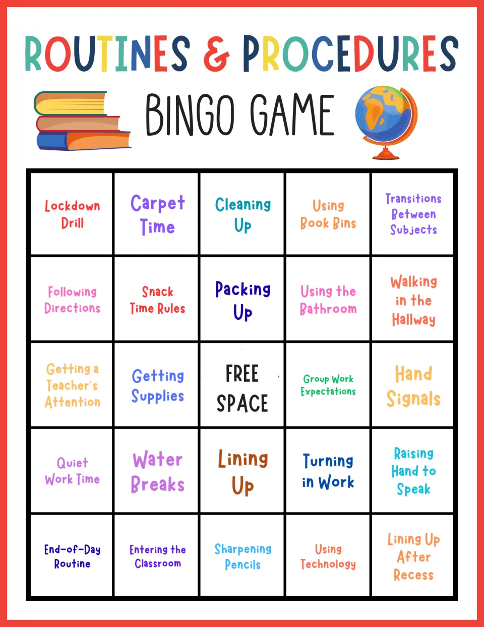 Routines bingo card with Lockdown Drill, Following Directions and Getting Supplies: students mark procedures as called