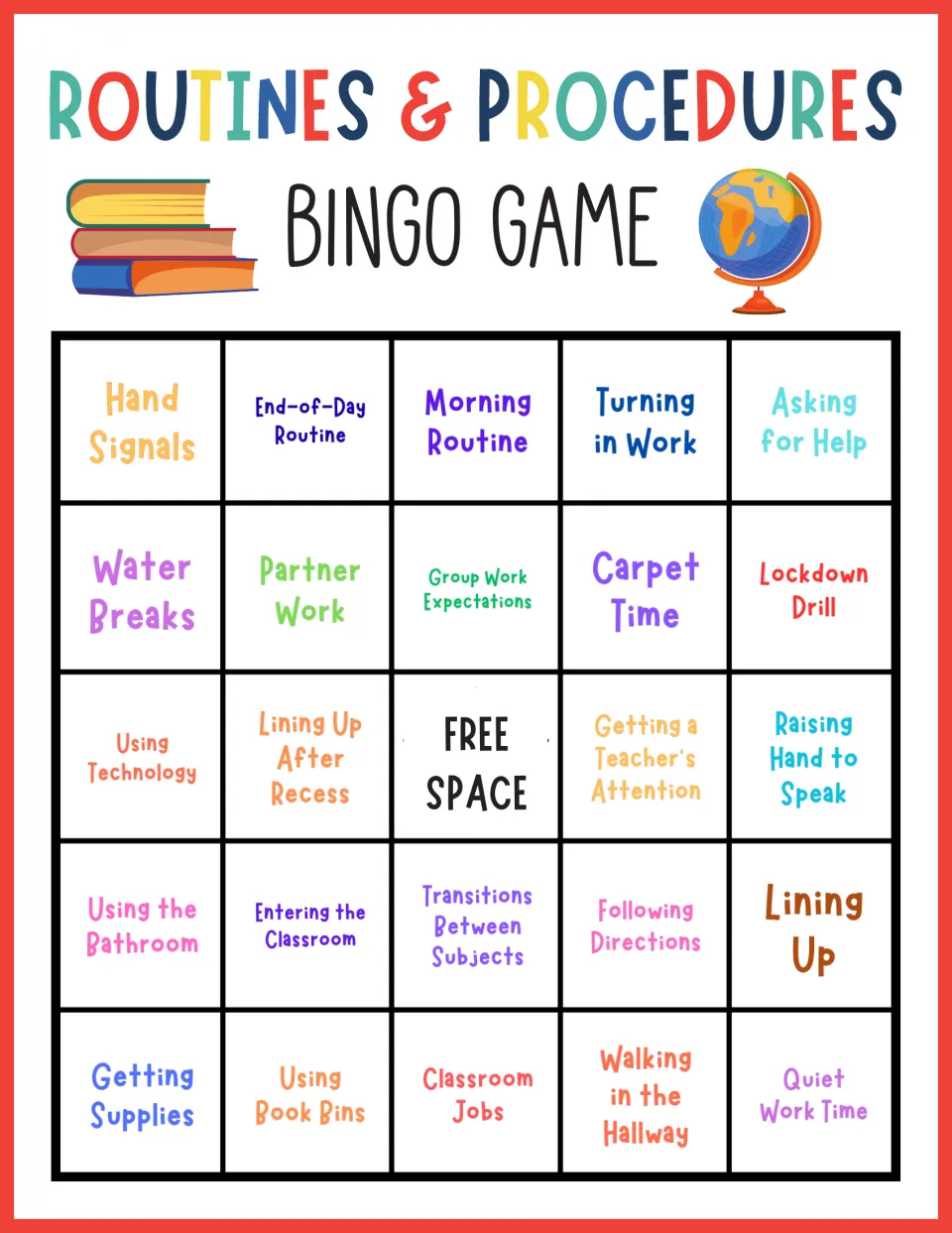 Procedures bingo card: students mark Hand Signals, Morning Routine, Using the Bathroom and Quiet Work Time as called