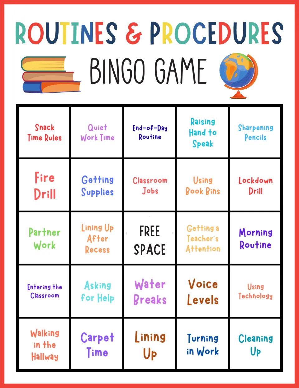 Routines bingo card with Snack Time Rules, Raising Hand to Speak and Fire Drill: students cover each routine as it is read