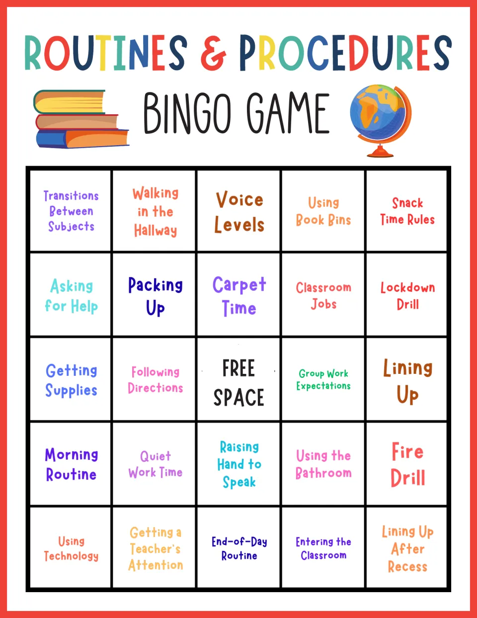 Procedures bingo card: students mark Transitions Between Subjects, Voice Levels, Asking for Help and Lining Up as called