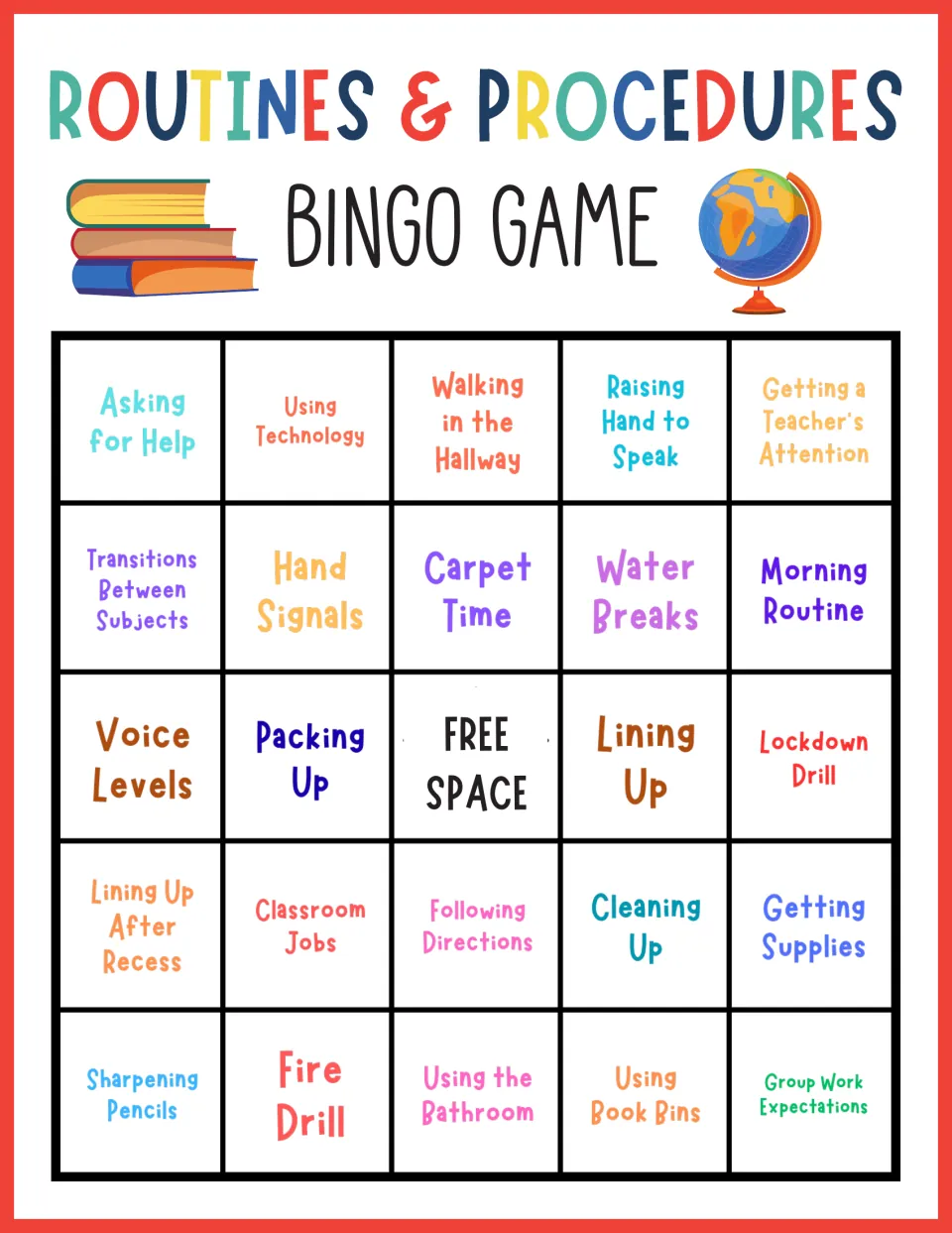 Routines bingo card with Asking for Help, Using Technology and Sharpening Pencils: students cover called routines