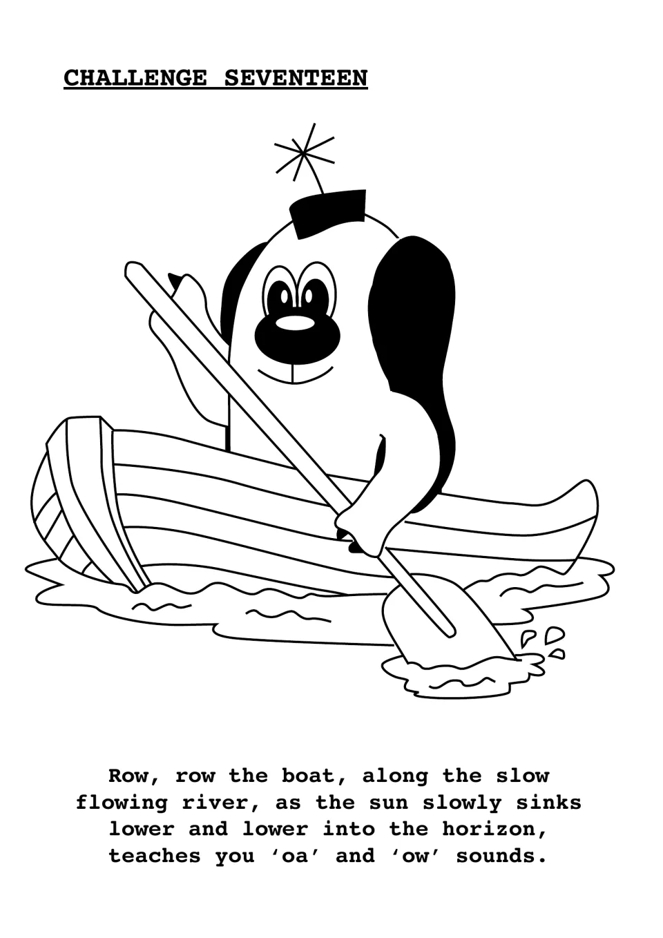 Challenge Seventeen opener: a cartoon dog rows a boat above a sentence packed with oa and ow words like slow and lower