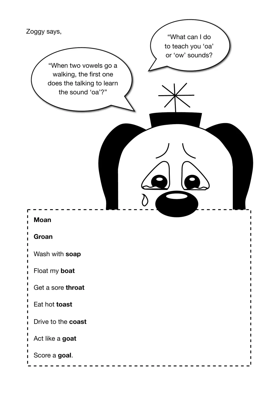 Zoggy recalls the two-vowels rule for oa; students read phrases like wash with soap, float my boat and eat hot toast