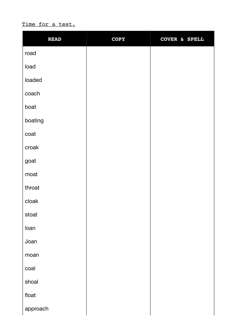 Spelling test for oa words: students read, copy, then cover and spell 20 words from road and load to shoal and approach
