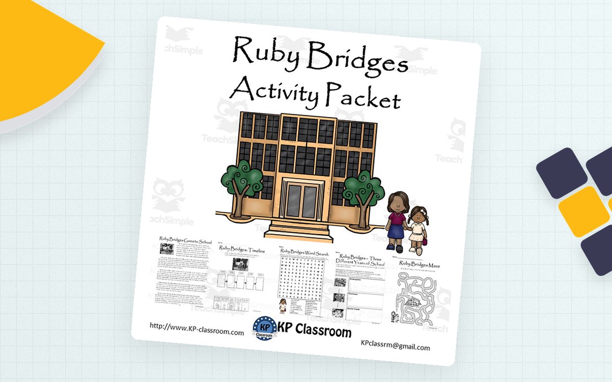 Ruby Bridges Activity Packet cover with a schoolhouse, Ruby illustration, and student-page previews