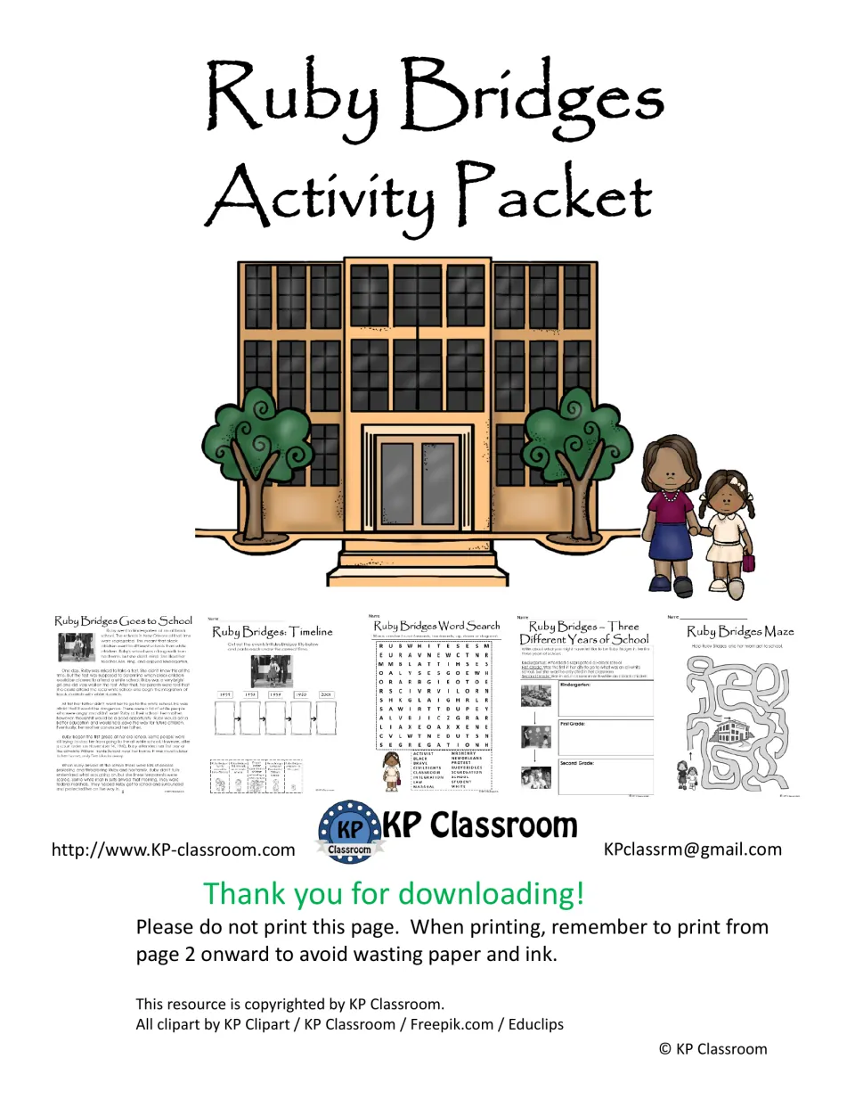 Ruby Bridges Activity Packet cover: school building, mother and daughter, and previews of timeline, word search and maze