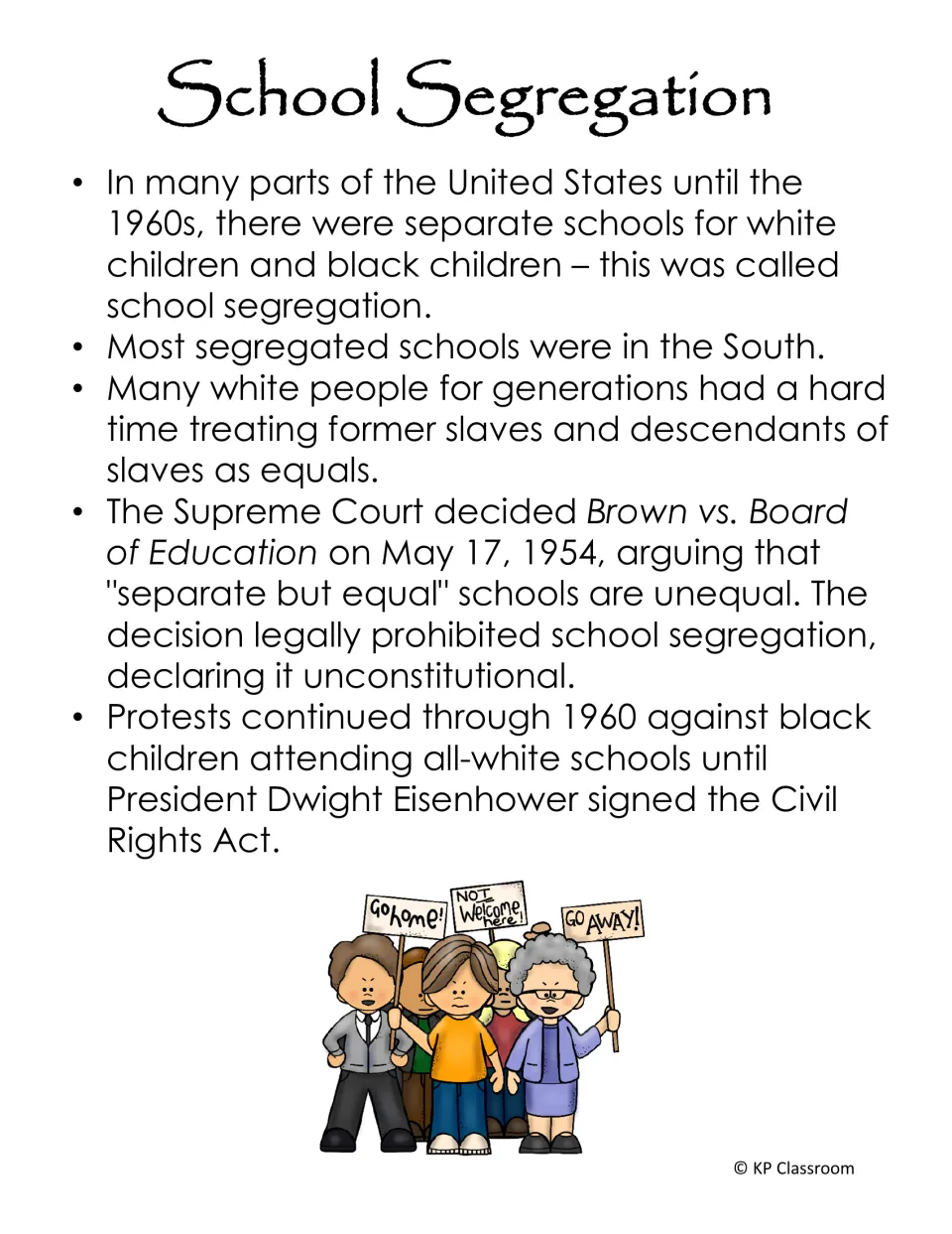 School segregation fact page: separate schools for white and black children, the South, and Brown vs. Board of Education