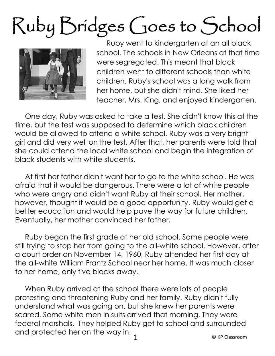 Ruby Bridges Goes to School, part 1: reading passage on her kindergarten, the test and her escorted first day at Frantz