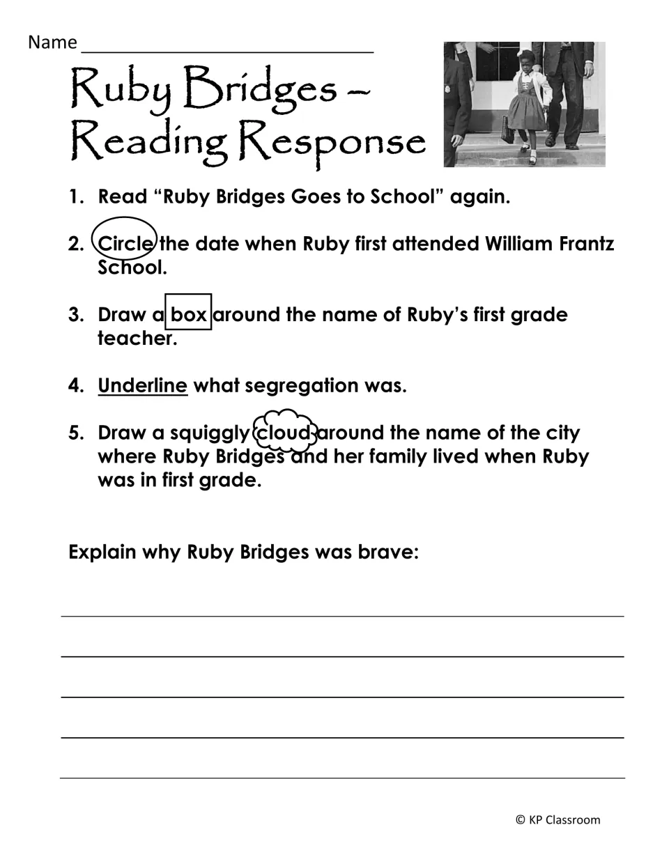 Text-marking reading response: students circle a date, box the teacher's name, underline, then explain why Ruby was brave