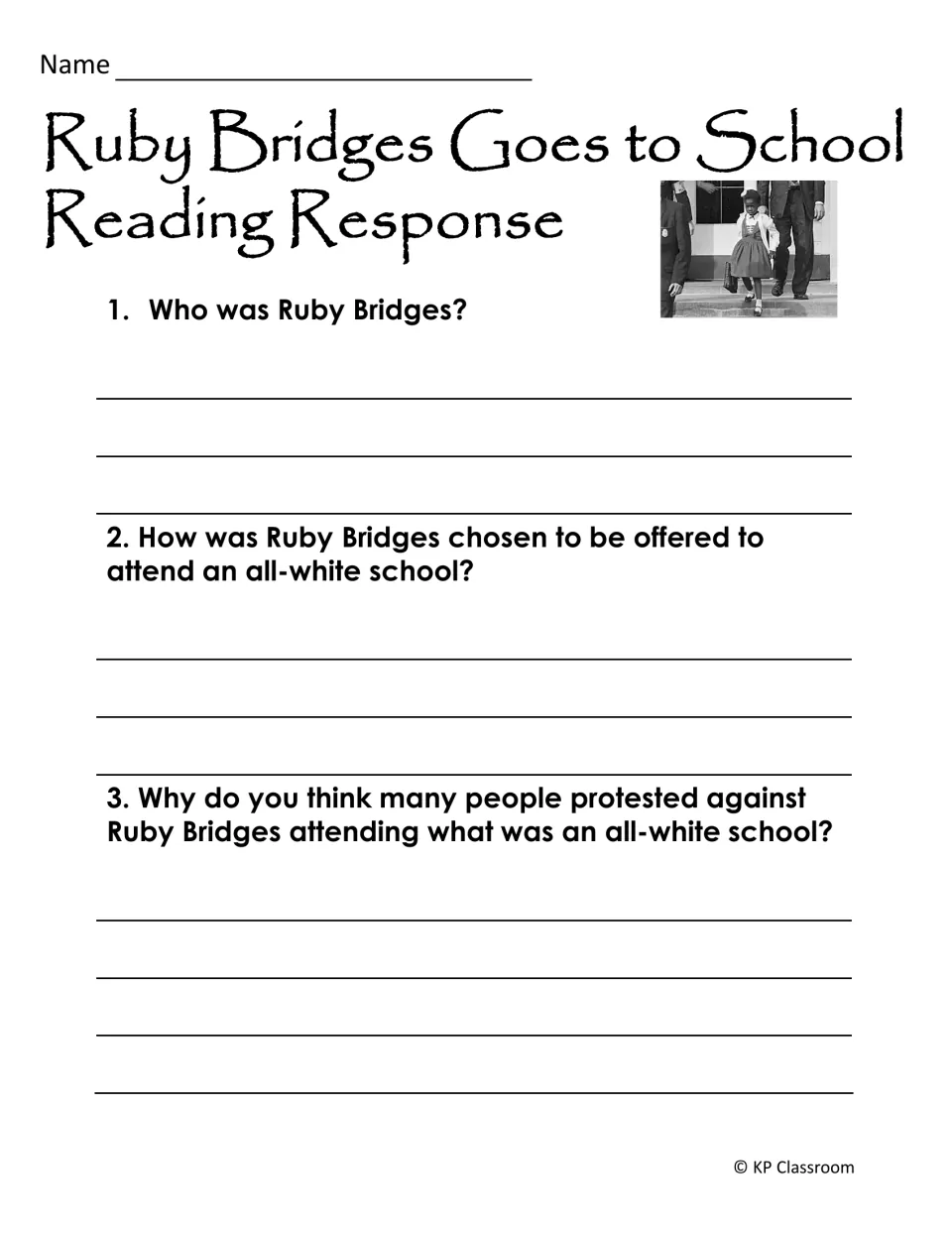 Written reading response: students answer who Ruby Bridges was, how she was chosen, and why people protested her school