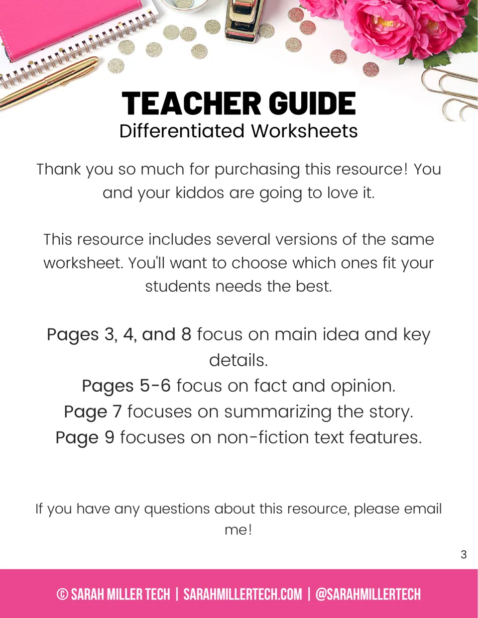 Teacher guide for differentiated worksheets: lists which pages cover main idea, fact and opinion, summary and text features