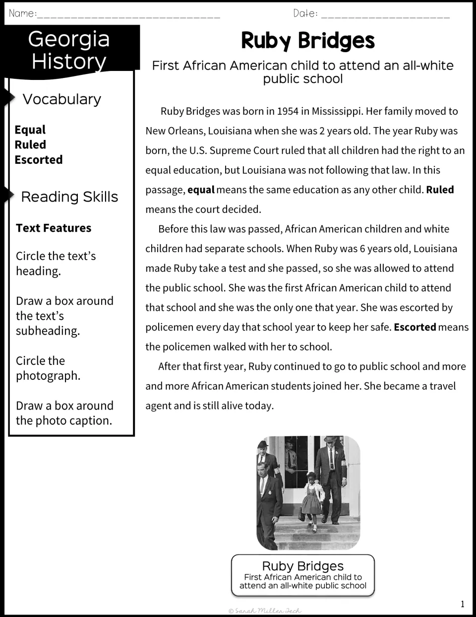 Ruby Bridges passage with vocabulary equal, ruled, escorted; students circle heading and photo, box subheading and caption