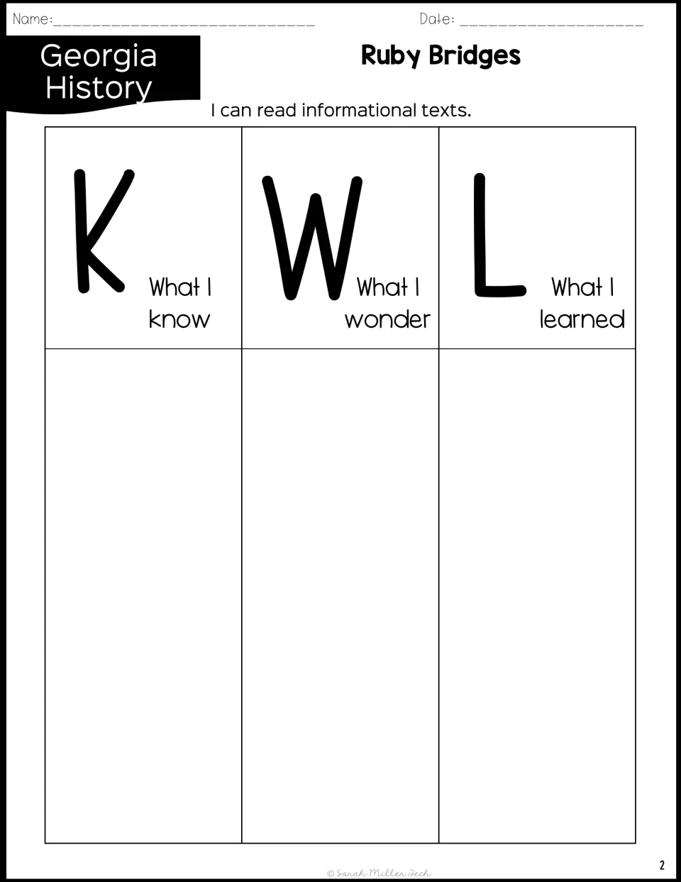 KWL chart on Ruby Bridges: students write what they know, what they wonder and what they learned from the passage