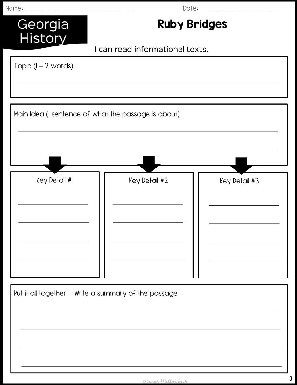 Ruby Bridges main idea organizer: students write the topic, a one-sentence main idea, three key details and a summary