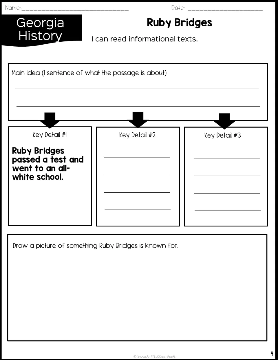 Main idea with key detail 1 given (Ruby passed a test); students add 2 more and draw what she is known for