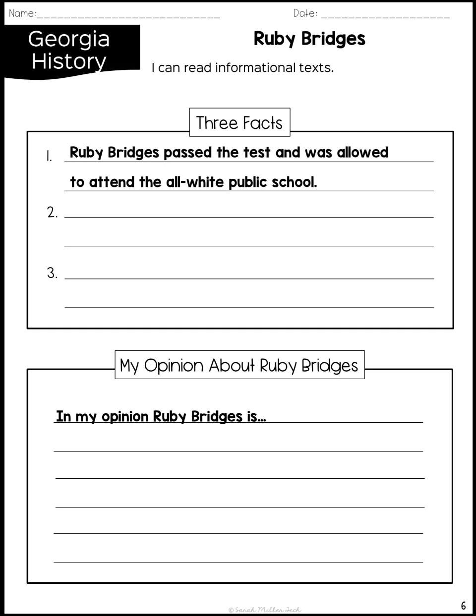 Fact and opinion with fact 1 written in; students add two more and finish 'In my opinion Ruby Bridges is...'