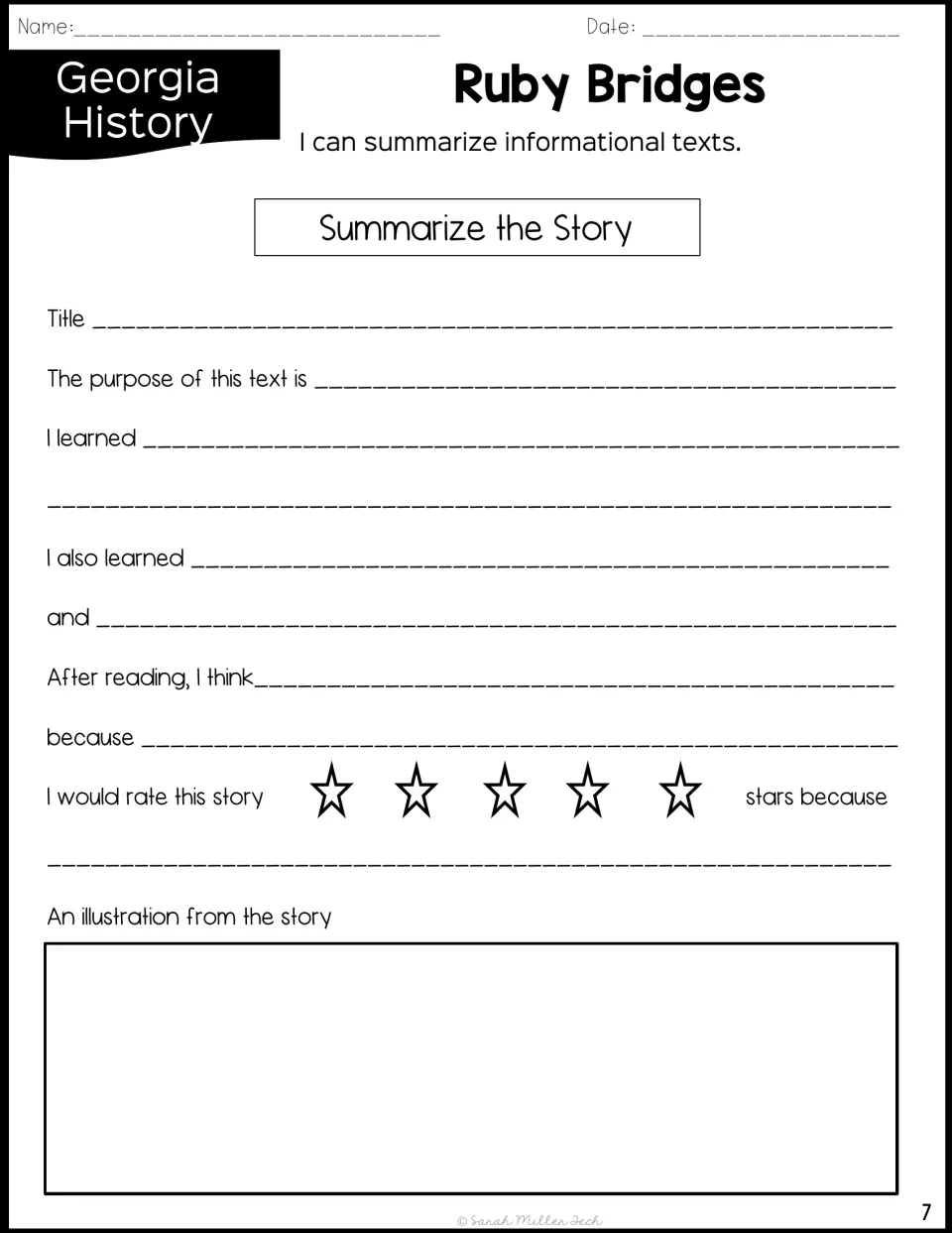 Summarize the Story frame: students finish sentence starters on purpose and what they learned, rate it with stars and draw