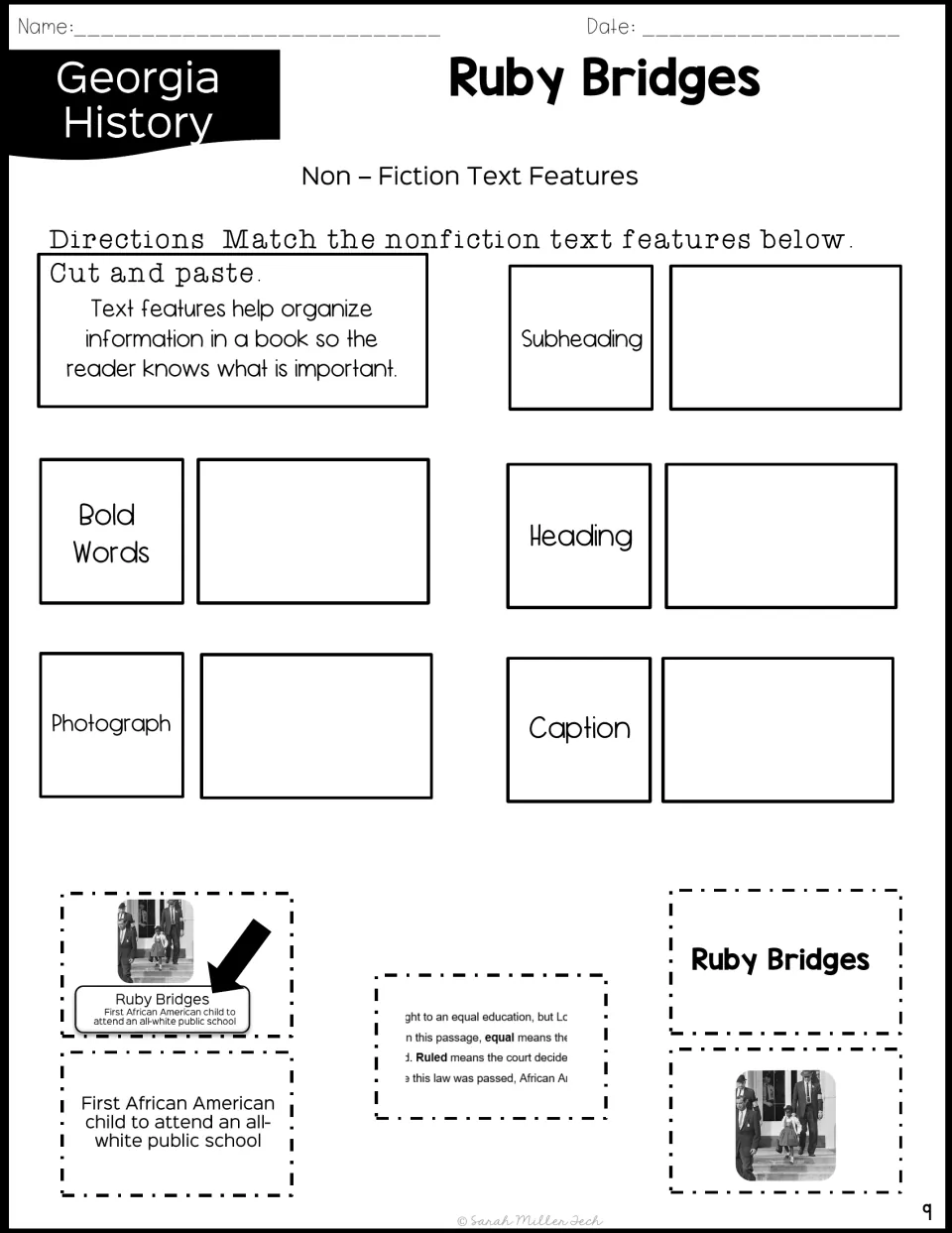 Text features cut and paste: students match cut-out pieces to subheading, bold words, heading, photograph and caption