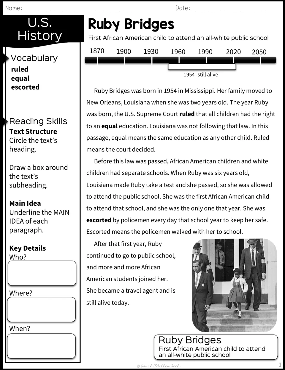 Ruby Bridges reading passage with timeline: students circle headings, underline main ideas and note who, where and when