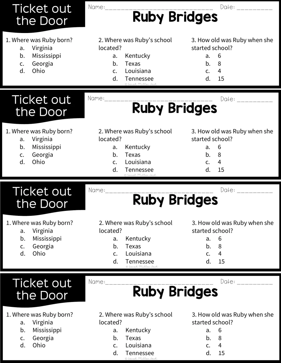 Ruby Bridges exit tickets: four copies of three multiple-choice questions on her birthplace, school state and starting age