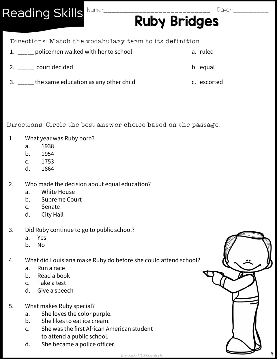 Ruby Bridges comprehension: students match three vocabulary definitions and answer five multiple-choice passage questions