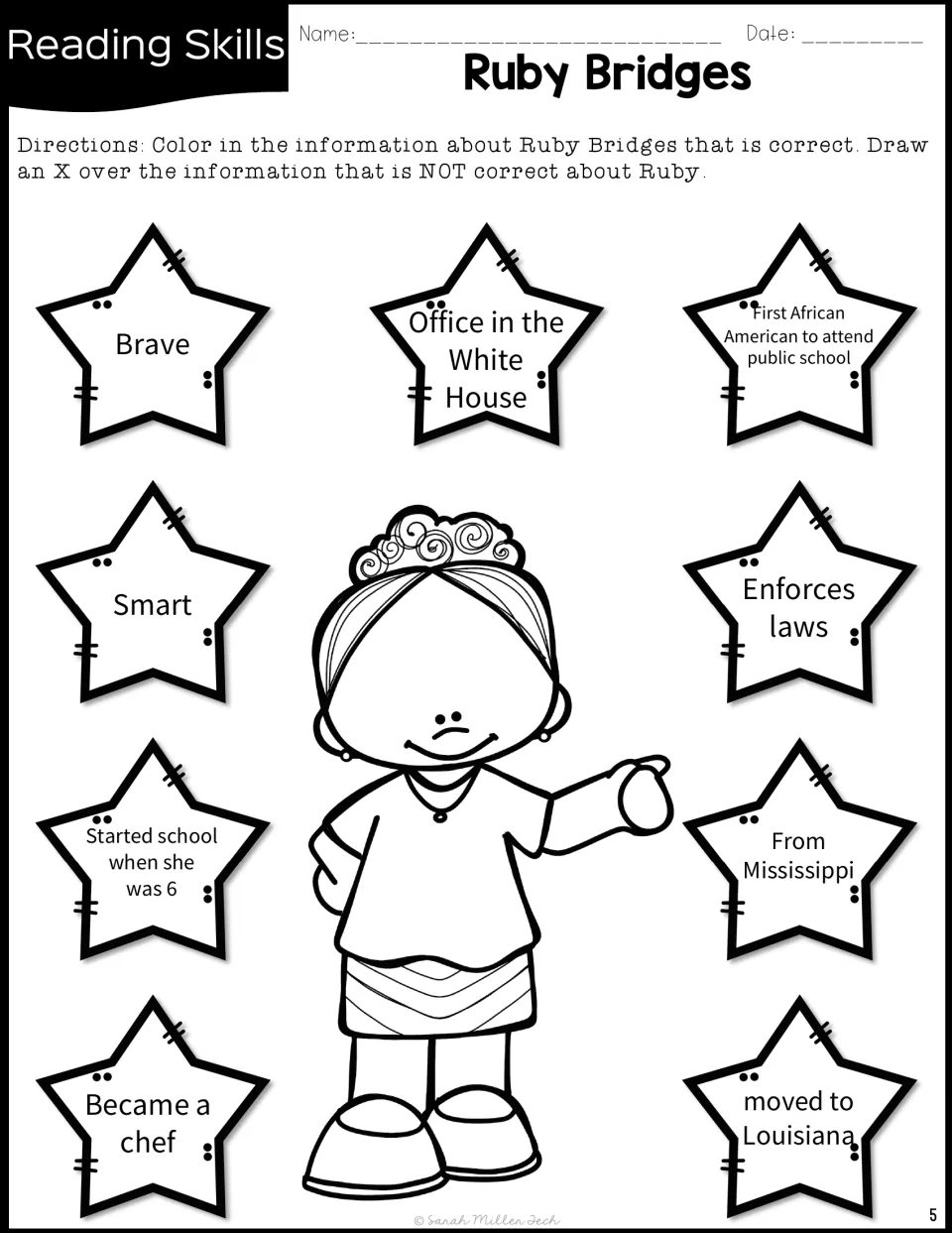 Ruby Bridges fact or fiction: students color true statements in stars and cross out false ones such as Became a chef