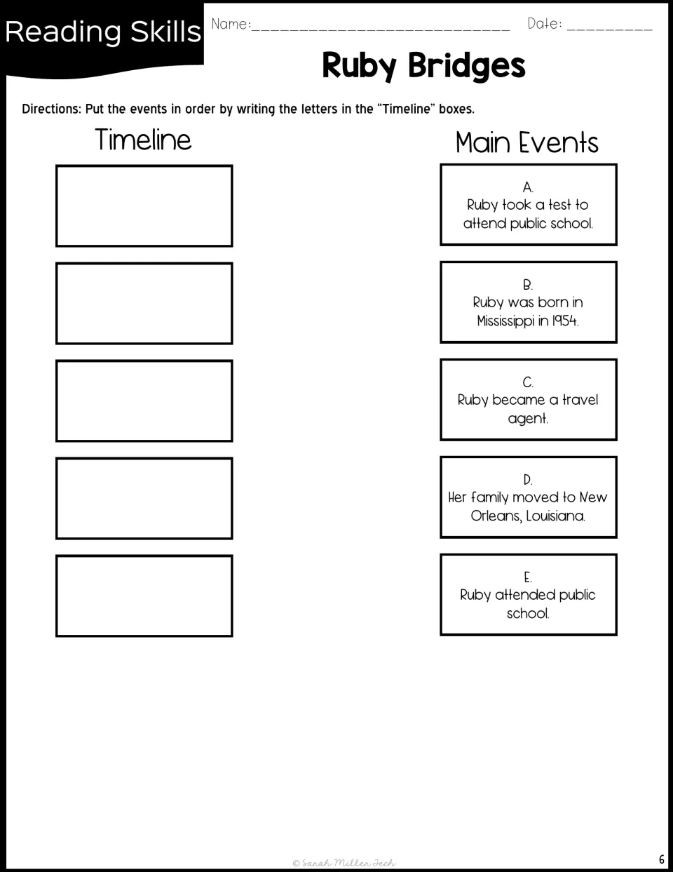 Ruby Bridges life events sequencing: students order five events, from her 1954 birth to becoming a travel agent, by letter