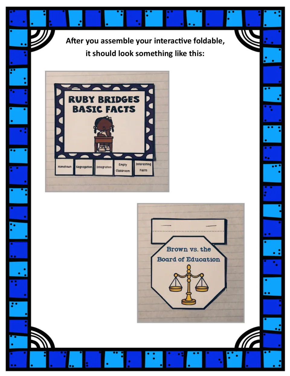 Assembly examples show the completed Ruby Bridges tabbed booklet and Brown vs. the Board of Education booklet