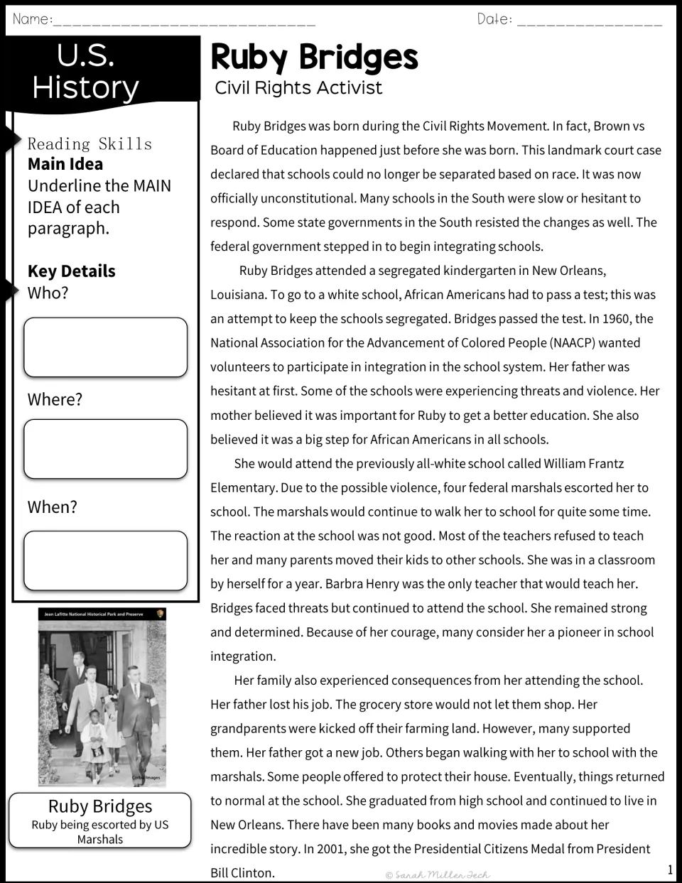 Biography passage about Ruby Bridges and school integration, with main idea and who, where, when prompts