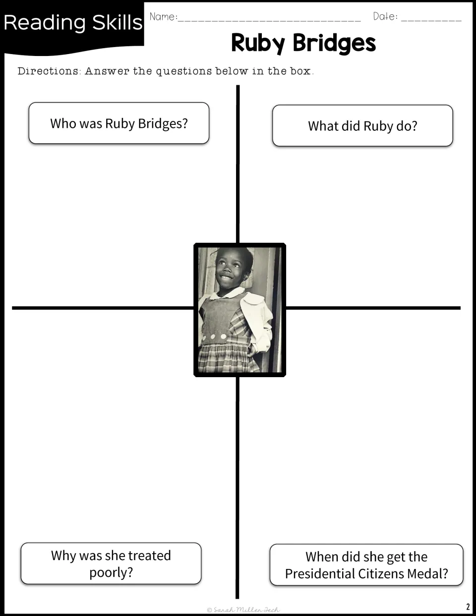 Ruby Bridges organizer asks who she was, what she did, why she was treated poorly, and when she won a medal