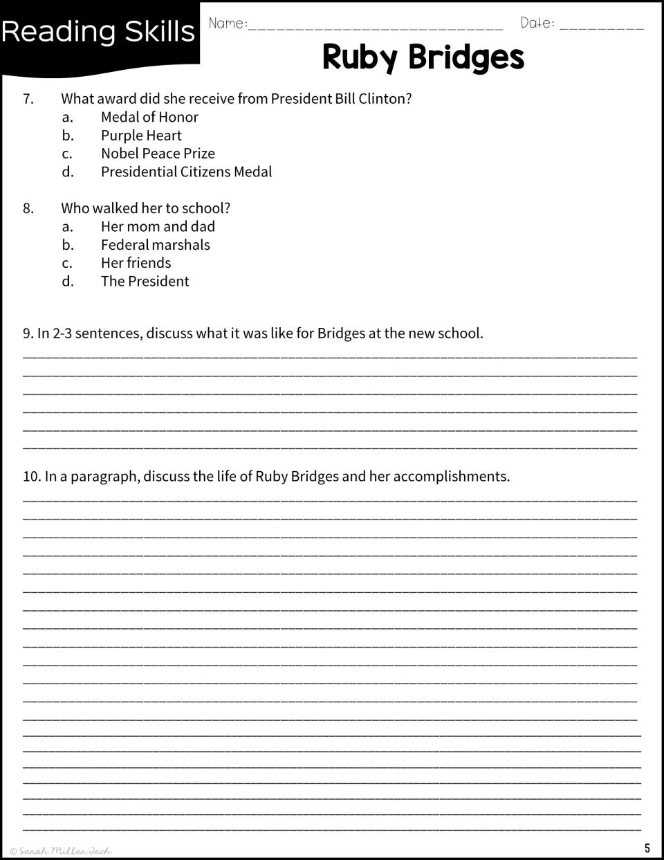 Ruby Bridges questions 7–10 cover her medal, federal marshals, school experiences, and life accomplishments