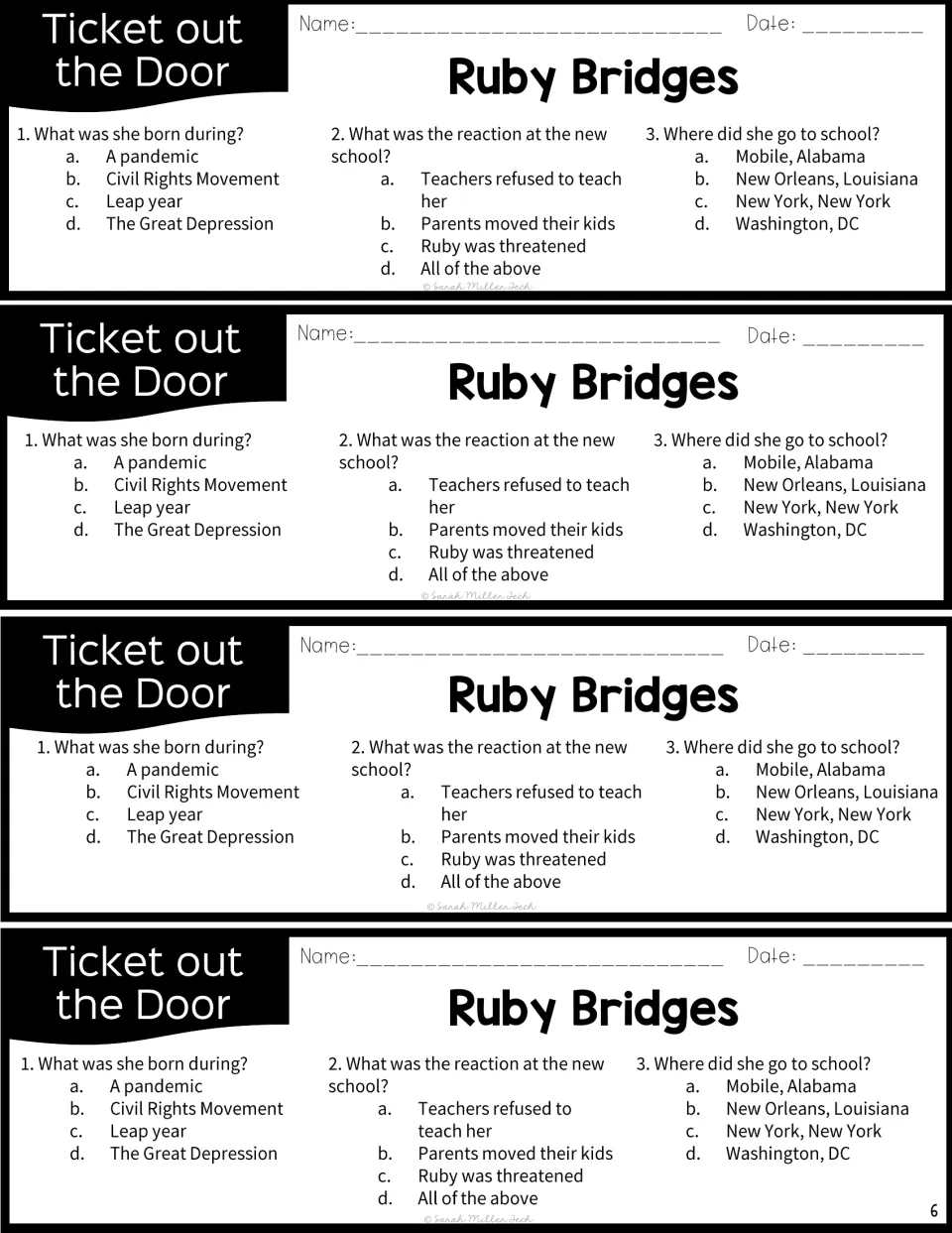 Four identical Ruby Bridges exit tickets ask about her birth era, reactions at school, and school location
