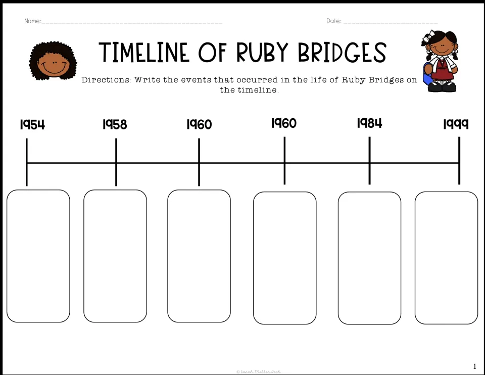 Ruby Bridges life timeline: students write an event under each date from 1954 to 1999 to practise sequencing