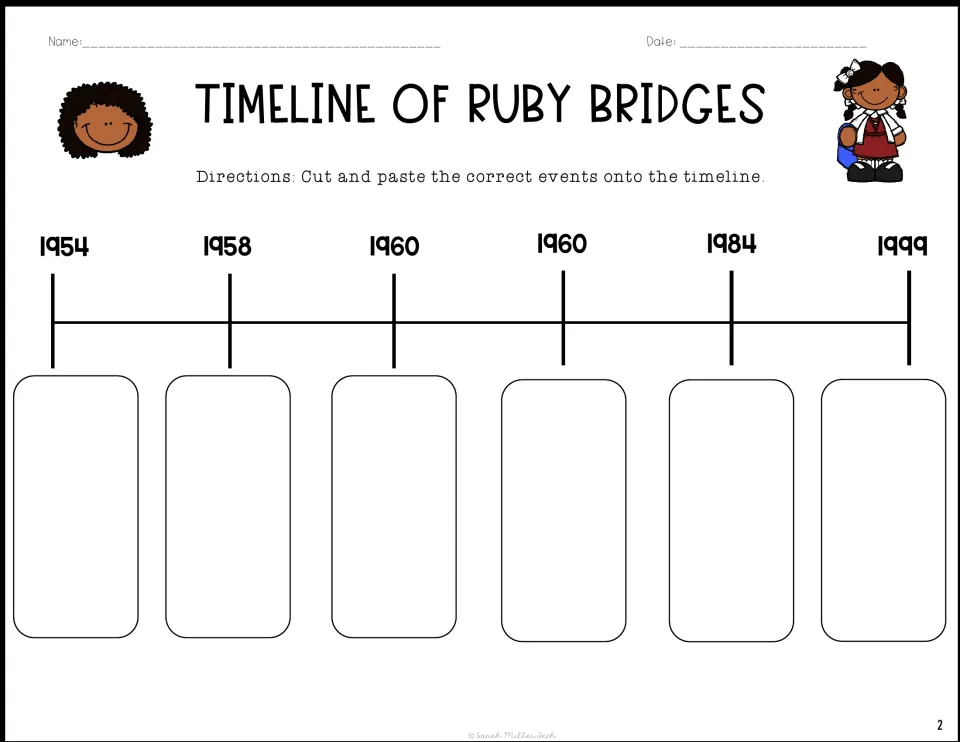 Cut-and-paste timeline of Ruby Bridges: students glue six event cards under dates 1954, 1958, 1960, 1984 and 1999