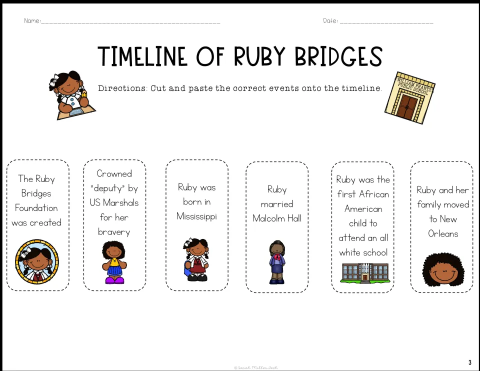 Six Ruby Bridges event cards to cut out, from her birth in Mississippi to the Ruby Bridges Foundation being created