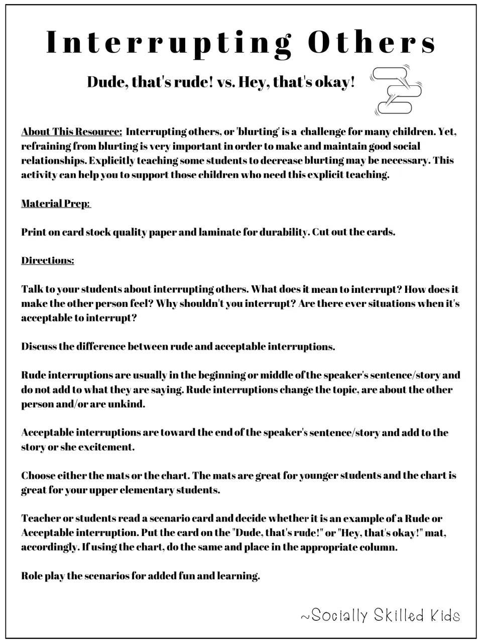 Teacher directions for introducing rude and acceptable interruptions, sorting scenario cards, and role-playing