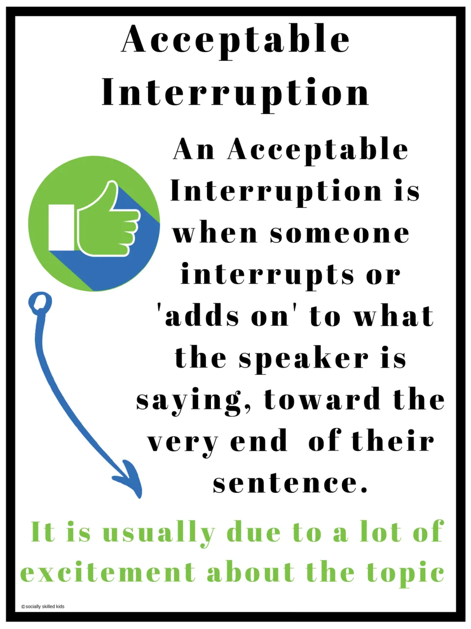Color definition poster: acceptable interruptions add to the speaker's topic near the end of a sentence