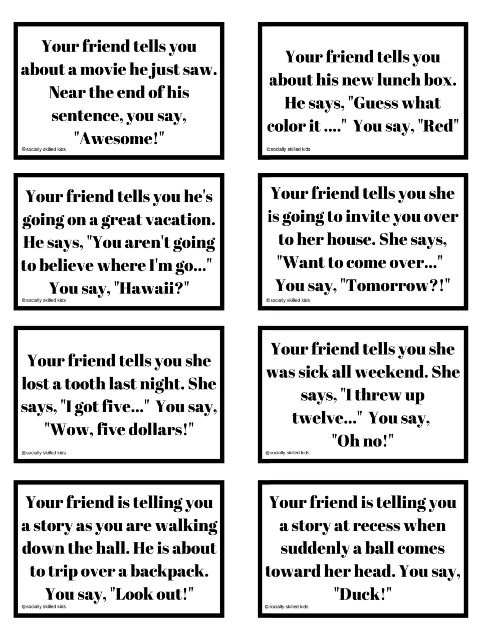 Eight acceptable interruption scenario cards about movies, lunch boxes, vacations, invitations, and four more