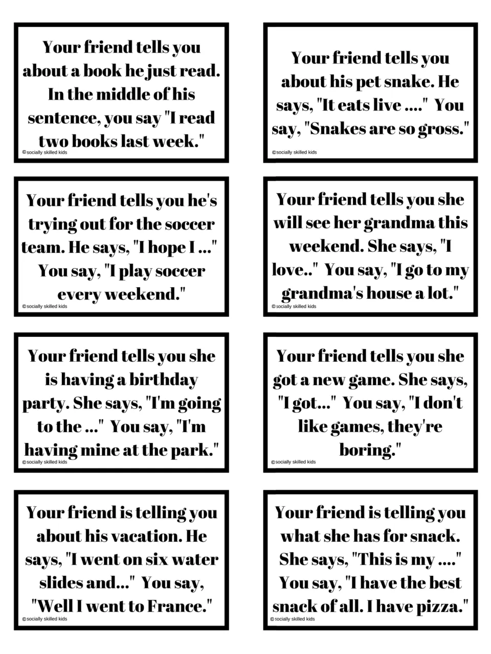 Eight rude interruption scenario cards about books, a pet snake, soccer, visiting grandma, and four more
