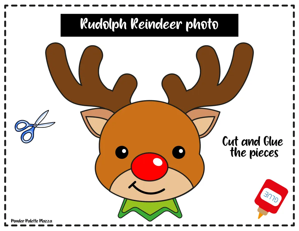 Rudolph Reindeer photo: model of the finished face with antlers, red nose and collar; students cut and glue the pieces