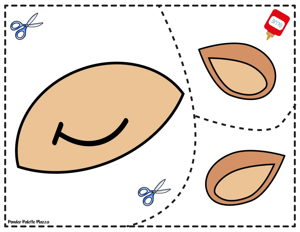 Reindeer muzzle and ears cut-out pieces: a tan smiling muzzle and two ears for students to cut apart and glue on the head